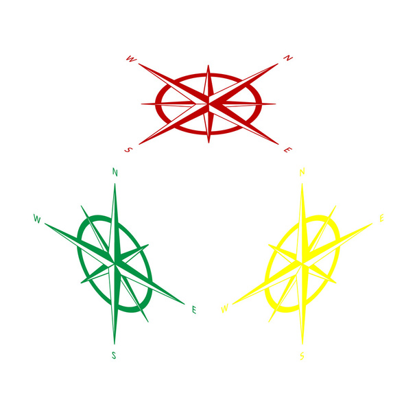 Szélrózsa jele. Izometrikus stílusú vörös, zöld és sárga ikon. - Vektor, kép