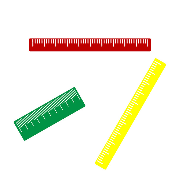 Signe de règle du centimètre. Style isométrique d'icône rouge, verte et jaune
. - Vecteur, image