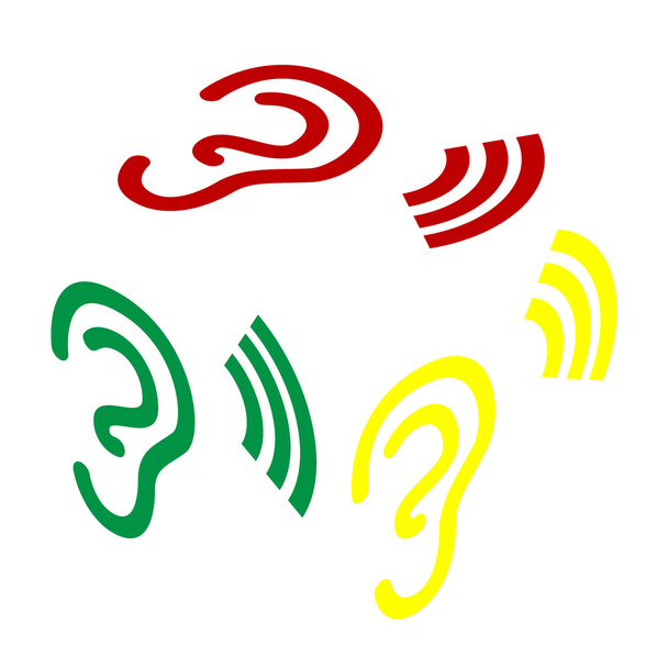 Sinal de ouvido humano. Estilo isométrico do ícone vermelho, verde e amarelo
. - Vetor, Imagem