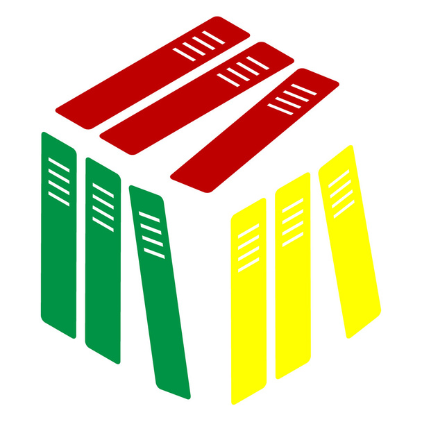 Rząd segregatorów, ikony folderów pakietu office. Izometryczny styl ikony czerwony, zielony i żółty. - Wektor, obraz
