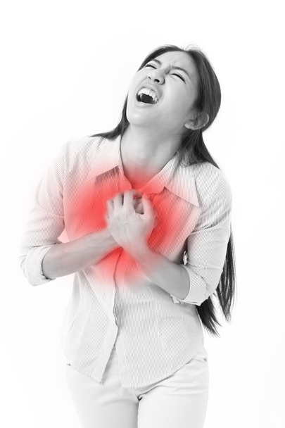 Frau leidet unter Brustschmerzen, Herzinfarkt - Foto, Bild