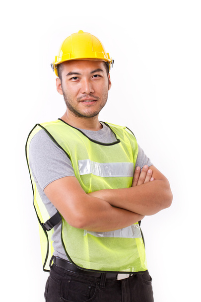 confiante, trabalhador de construção forte cruzando seus braços em branco
 - Foto, Imagem