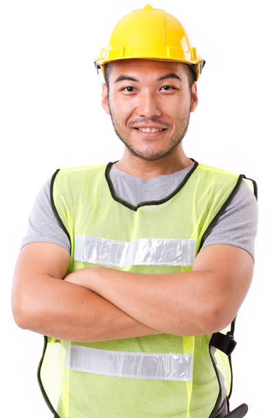 trabajador de la construcción seguro, fuerte sobre fondo blanco
 - Foto, Imagen