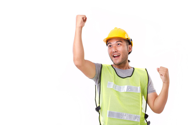 happy, successful construction worker on white background - Zdjęcie, obraz