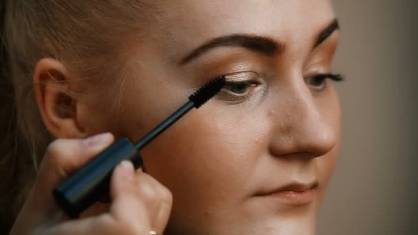 tworzą artysta robi profesjonalny makijaż młodej kobiety - Materiał filmowy, wideo