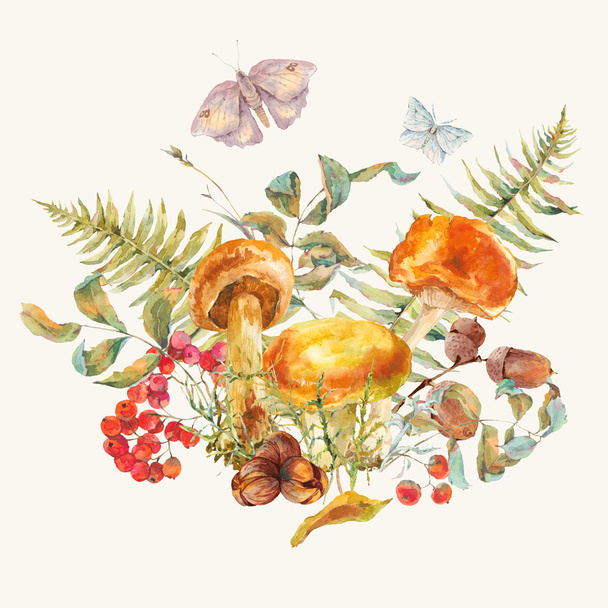Watercolor vintage mushrooms greeting card - Φωτογραφία, εικόνα