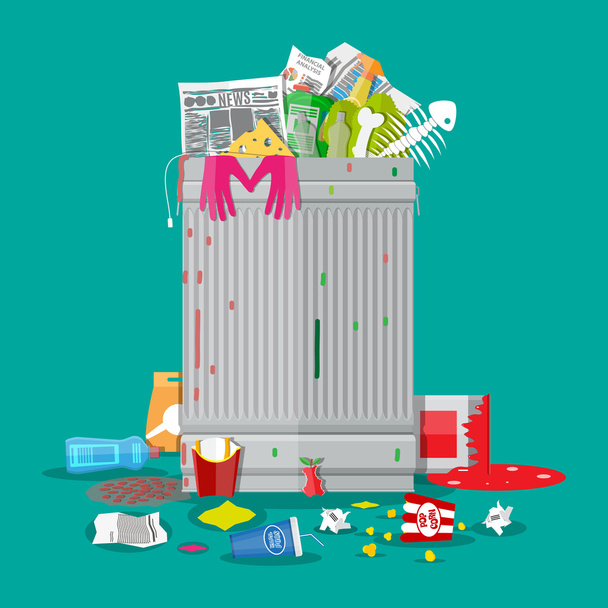 Garbage bin full of trash. Overflowing container - Vektor, Bild