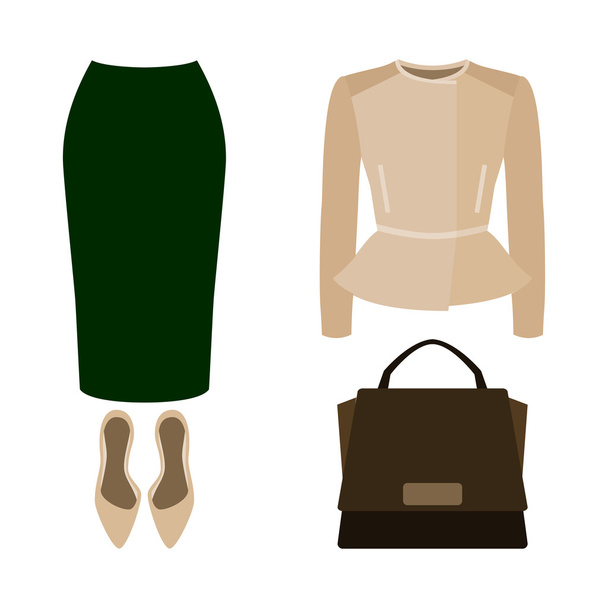 Conjunto de roupas femininas na moda. Roupa de saia de mulher, casaco de balancim e acessórios
 - Vetor, Imagem