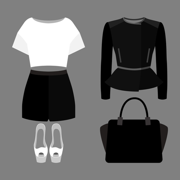 Set of trendy women's clothes. Outfit of woman shorts, rocker jacket, blouse and accessories - Vector, Image