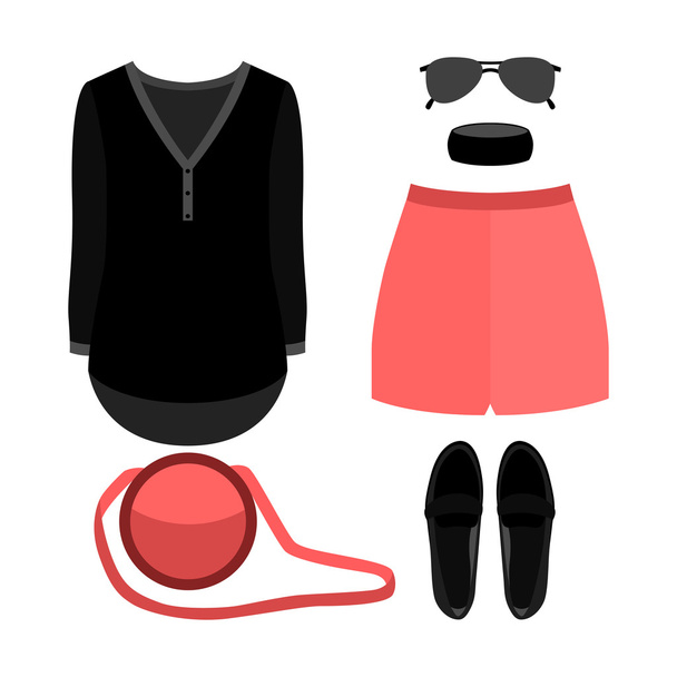Ensemble de vêtements féminins tendance. Tenue de short femme, chemise et accessoires
 - Vecteur, image