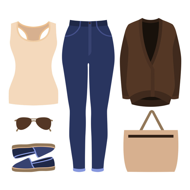 Набор модной женской одежды. Наряд женских джинсов, кардигана, топа и аксессуаров
 - Вектор,изображение