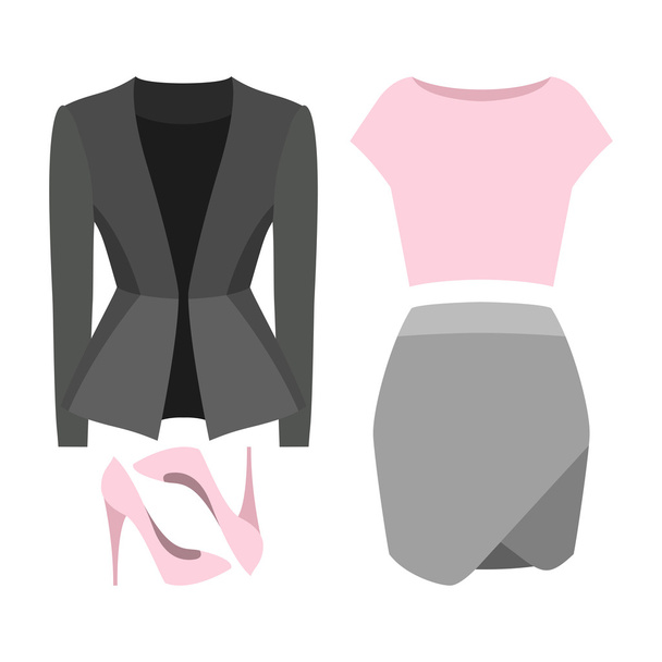 Set of trendy women's clothes. Outfit of woman skirt, jacket, top and accessories - Vector, Image