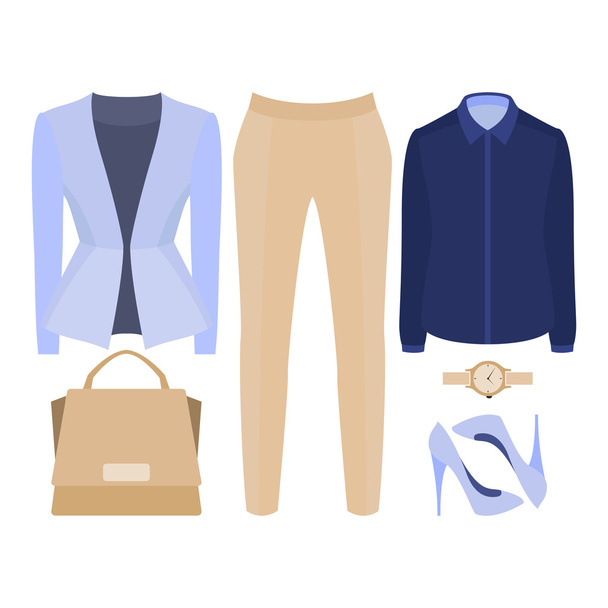 Набор модной женской одежды. Женские трусики, пиджак, блузка и аксессуары
 - Вектор,изображение
