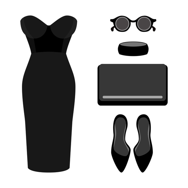 Set of trendy women's clothes. Outfit of woman dress and accessories - Vector, Image