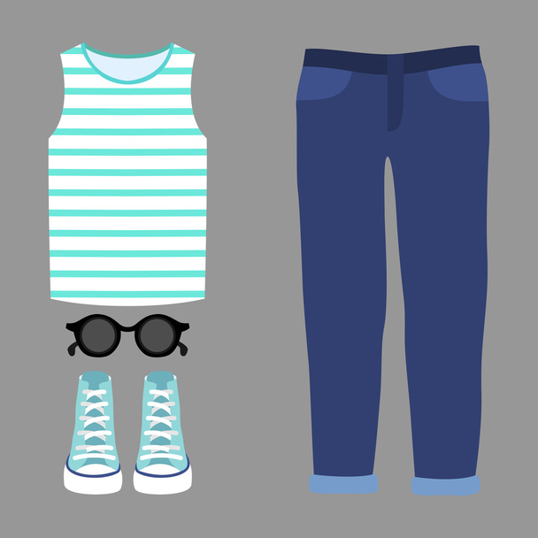 Set of trendy women's clothes. Outfit of woman jeans, t-shirt and accessories - Vector, Image