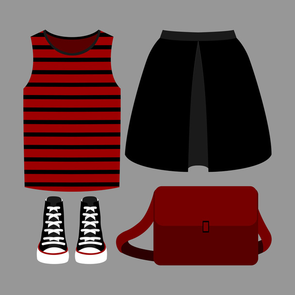 Set of trendy women's clothes. Outfit of woman skirt, t-shirt and accessories - Vector, Image