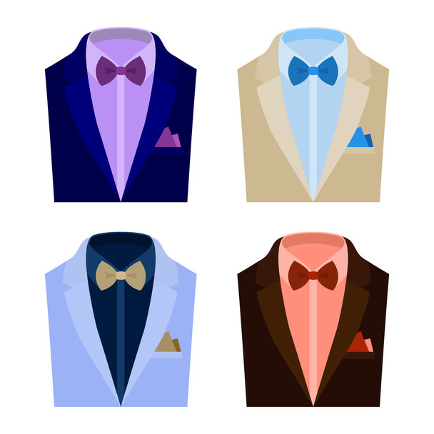 Set trendiger Männerkleidung mit Jacke, Hemd, Fliege und Taschentuch. Garderobe für Männer - Vektor, Bild