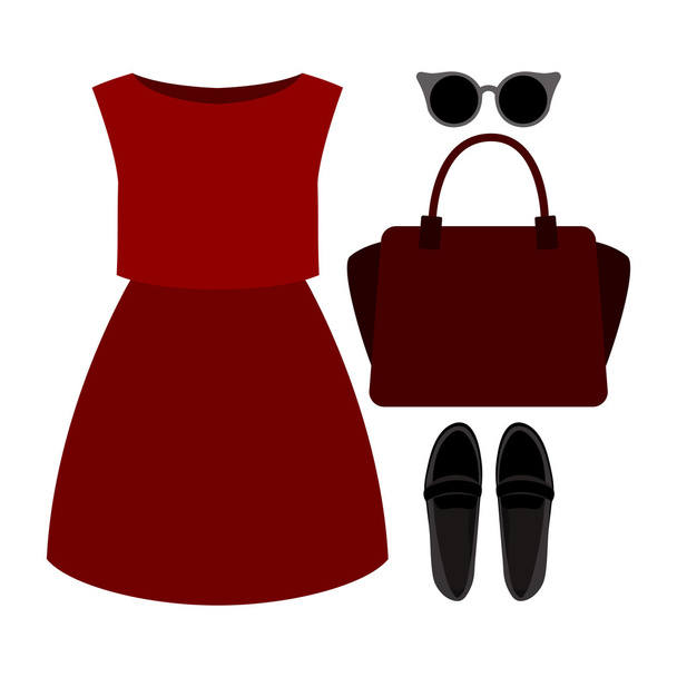 Set of trendy women's clothes. Outfit of woman dress and accessories. Women's wardrobe - Vector, Image