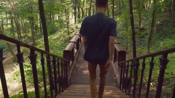 Хлопець спускається по сходах, ходить по дерев'яному мосту в лісництві
 - Кадри, відео