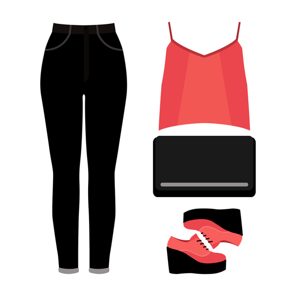 Set of trendy women's clothes. Outfit of woman jeans, top and accessories. Women's wardrobe - Vector, Image