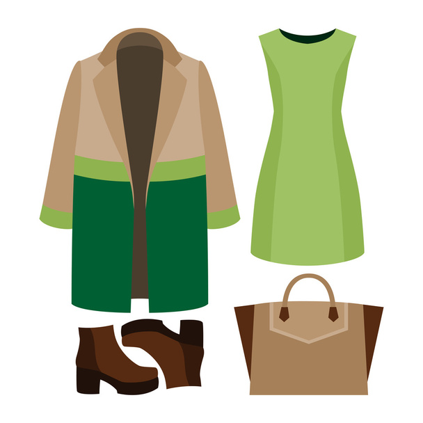 Set of trendy women's clothes. Outfit of woman coat, dress and accessories. Women's wardrobe - Vector, Image