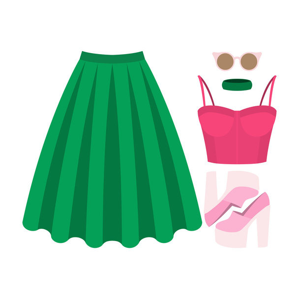 Set of trendy women's clothes. Outfit of woman skirt, bustiers top and accessories. Women's wardrobe - Vector, Image