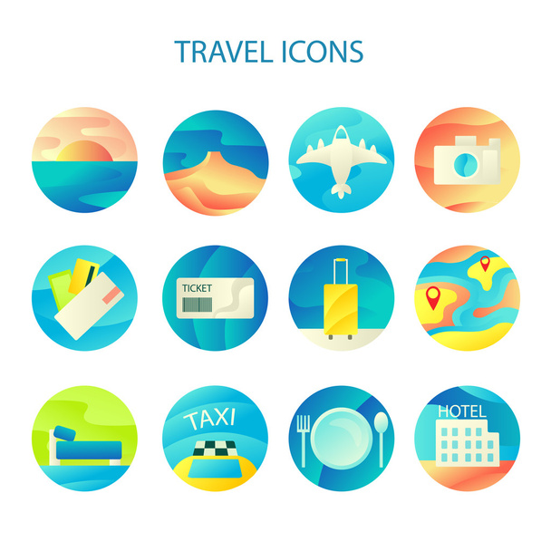 Webおよびモバイルアプリケーション用の旅行アイコンカラフルなフラットセット - ベクター画像