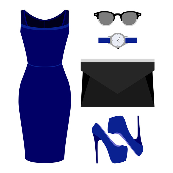 Set trendiger Frauenkleidung. Outfit der Frau Kleidung und Accessoires. Garderobe für Frauen - Vektor, Bild