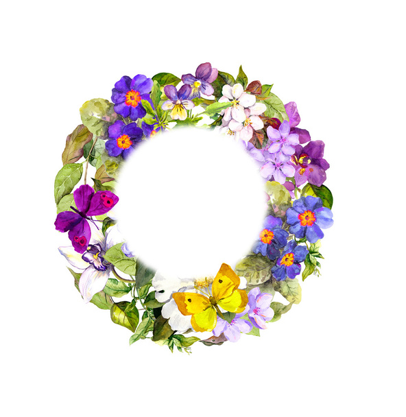 Floral wreath - summer flowers, wild herb, spring butterflies. Watercolor - 写真・画像