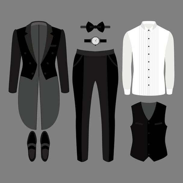 トレンディなメンズ服のセット。男性のテールコート、ベスト、パンツ、シャツ、アクセサリーの衣装。メンズワードローブ - ベクター画像