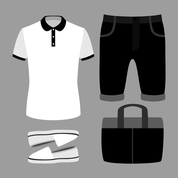 Conjunto de ropa de hombre de moda. Traje de hombre pantalones cortos, camiseta y accesorios. Armario de hombre
 - Vector, Imagen