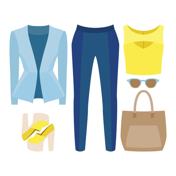 Set of trendy women's clothes. Outfit of woman jacket, panties, top and accessories. Women's wardrobe - Vector, Image
