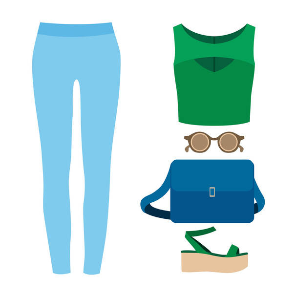 Conjunto de ropa de mujer de moda. Traje de mujer jeans, top y accesorios. Armario de mujer
 - Vector, Imagen