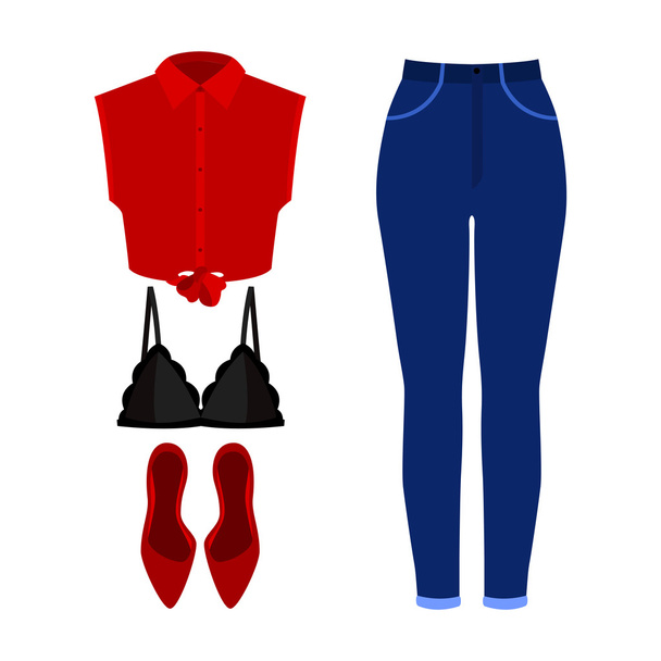 Conjunto de roupas femininas na moda. Roupa de mulher jeans, camisa, sutiã e acessórios. Roupeiro feminino
 - Vetor, Imagem