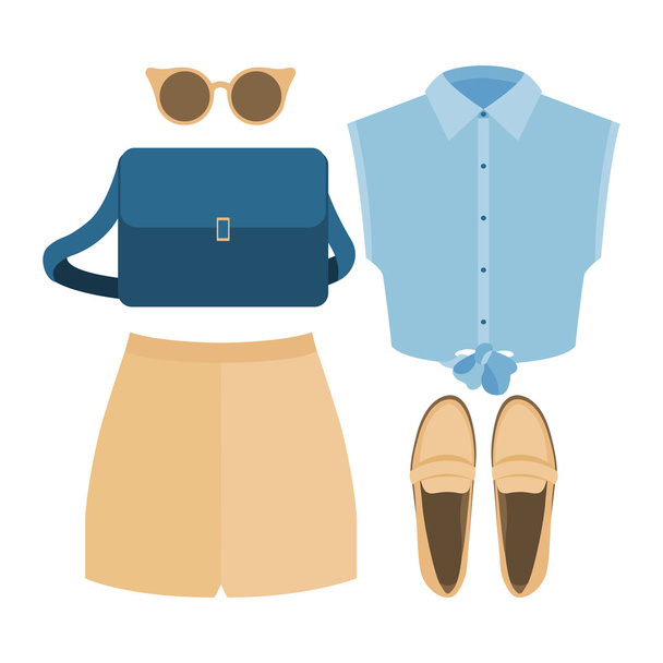 Set of trendy women's clothes. Outfit of woman shorts, shirt and accessories. Women's wardrobe - Vector, Image