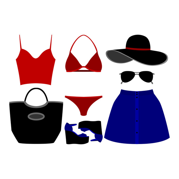 Набор модной женской одежды. Наряд женский купальник, юбка, топ и аксессуары. Женский гардероб
 - Вектор,изображение
