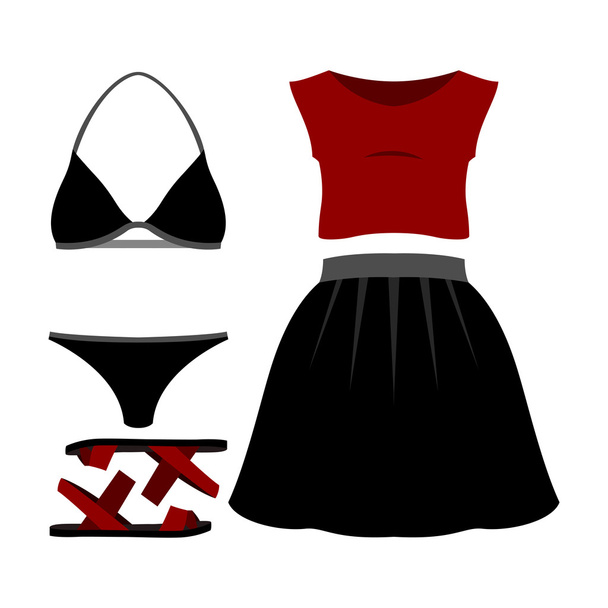 Set of trendy women's clothes. Outfit of woman swimsuit, skirt, top and accessories. Women's wardrobe - Vector, Image