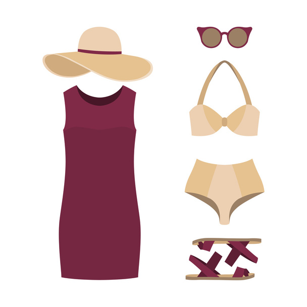 Set of trendy women's clothes. Outfit of woman swimsuit, dress and accessories. Women's wardrobe - Vector, Image