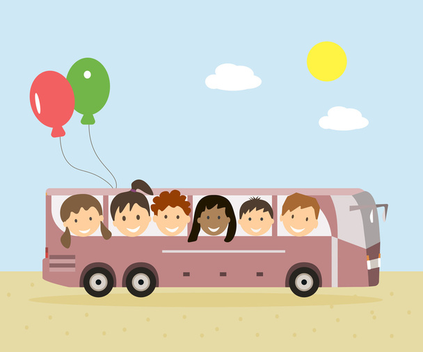 Gyerekek utazás autóbusszal - Vektor, kép