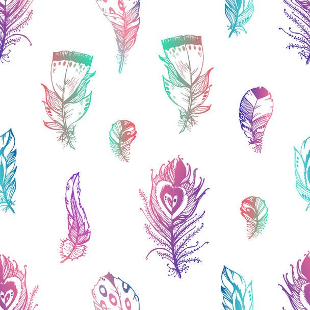 Hand drawn pattern with bird feathers  - Vector, afbeelding