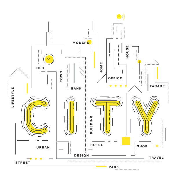 Επίπεδη στυλ, λεπτή σχεδίαση γραμμής τέχνης. Ένα περίγραμμα της πόλης είναι ψηφιακά σχεδιασμένο σε μια λευκή εξάπλωση. Σύγχρονη έννοια της απεικόνισης διανυσματικών φορέων. Καλύτερα χρησιμοποιείται ως παρουσίαση, αφίσες ή ως εικονίδια. - Διάνυσμα, εικόνα