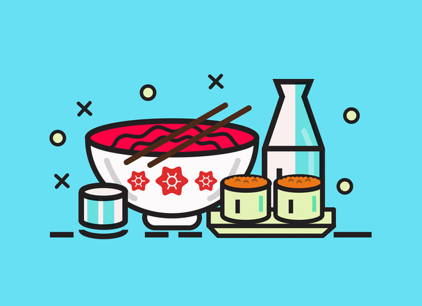 Sushi-Rolle, Ramen und Sake. Japanisches Essen.  - Vektor, Bild
