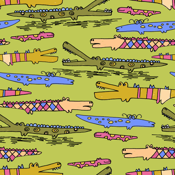 Seamless pattern with hand drawn cute doodle crocodiles - Vecteur, image