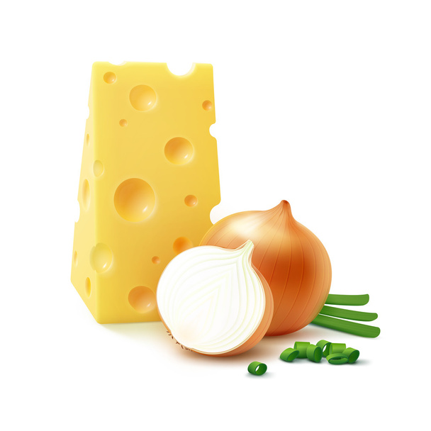 Вектор трикутної шматок від Швейцарського сиру з свіжого вся і нарізаний жовтий цибулю на ріпку з нарізаний зелена цибуля крупним планом Isolated на білому тлі закладають Isolated на білому фоні - Вектор, зображення