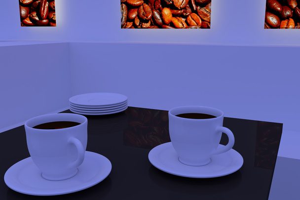 xícaras de café branco com pires em uma mesa com uma superfície reflexiva escura
  - Foto, Imagem