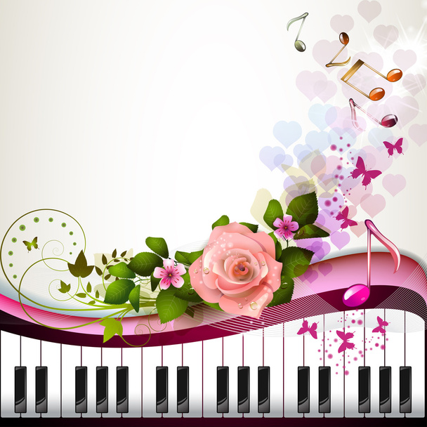 Piano keys with rose - Vektori, kuva