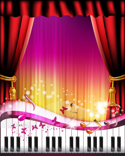 Piano keys with red curtain - Vektori, kuva