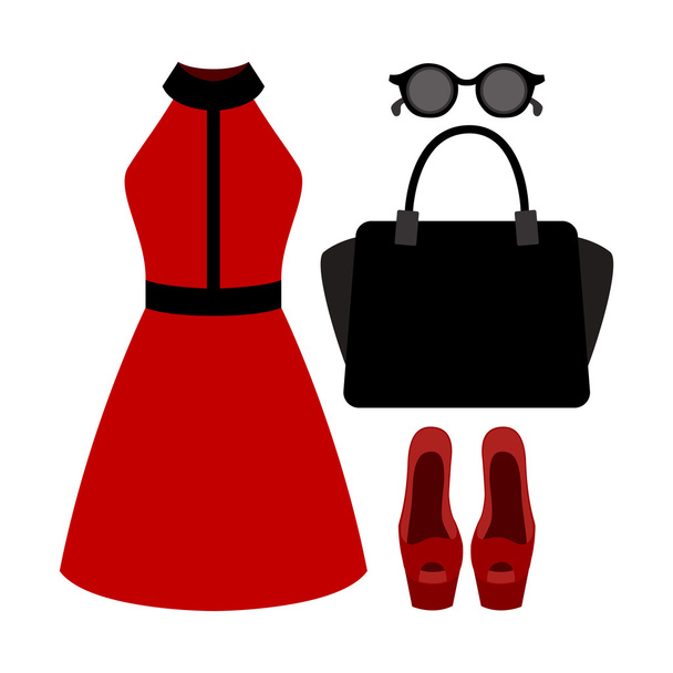 Conjunto de ropa de mujer de moda. Traje de mujer vestido y accesorios. Armario de mujer
 - Vector, Imagen