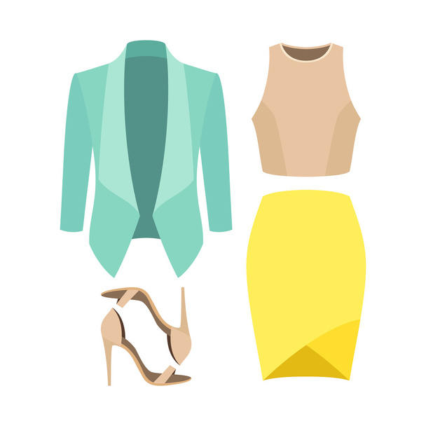 Set di vestiti da donna alla moda. Abito donna giacca, gonna, top e accessori. Armadio femminile
 - Vettoriali, immagini