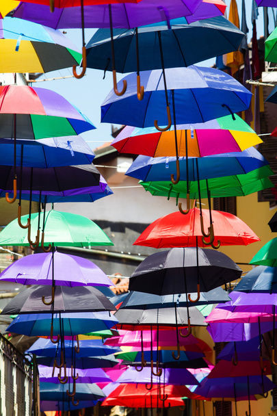 Umbrella art installation, colours in the sky. - Photo, Image